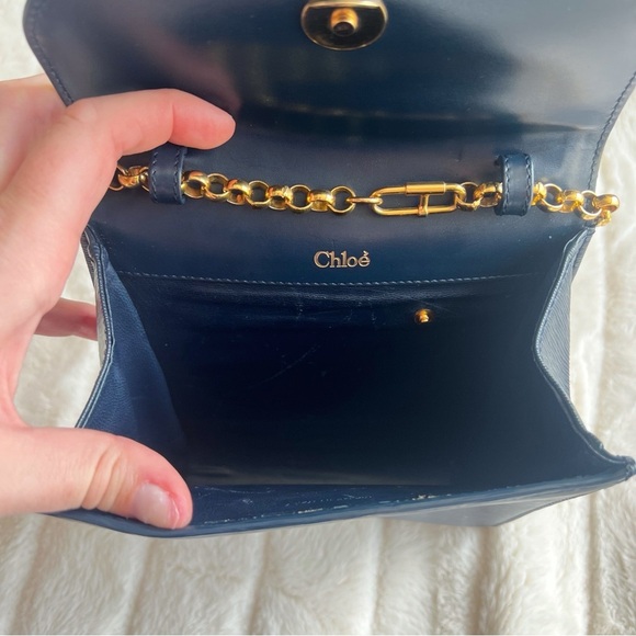 VINTAGE CHLOE Navy Blue Epi Leather Gold Chain Small Crossbody / Clutch - Picture 15 of 16